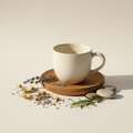 Sabbath Tea Cup ceramic matte finish on wooden saucer