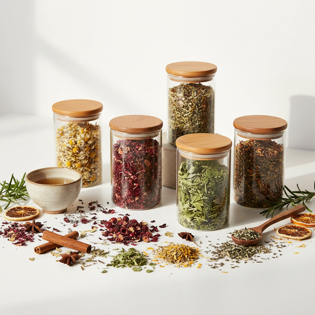 Sabbath Herbal Tea Blend in glass jars with dried botanicals